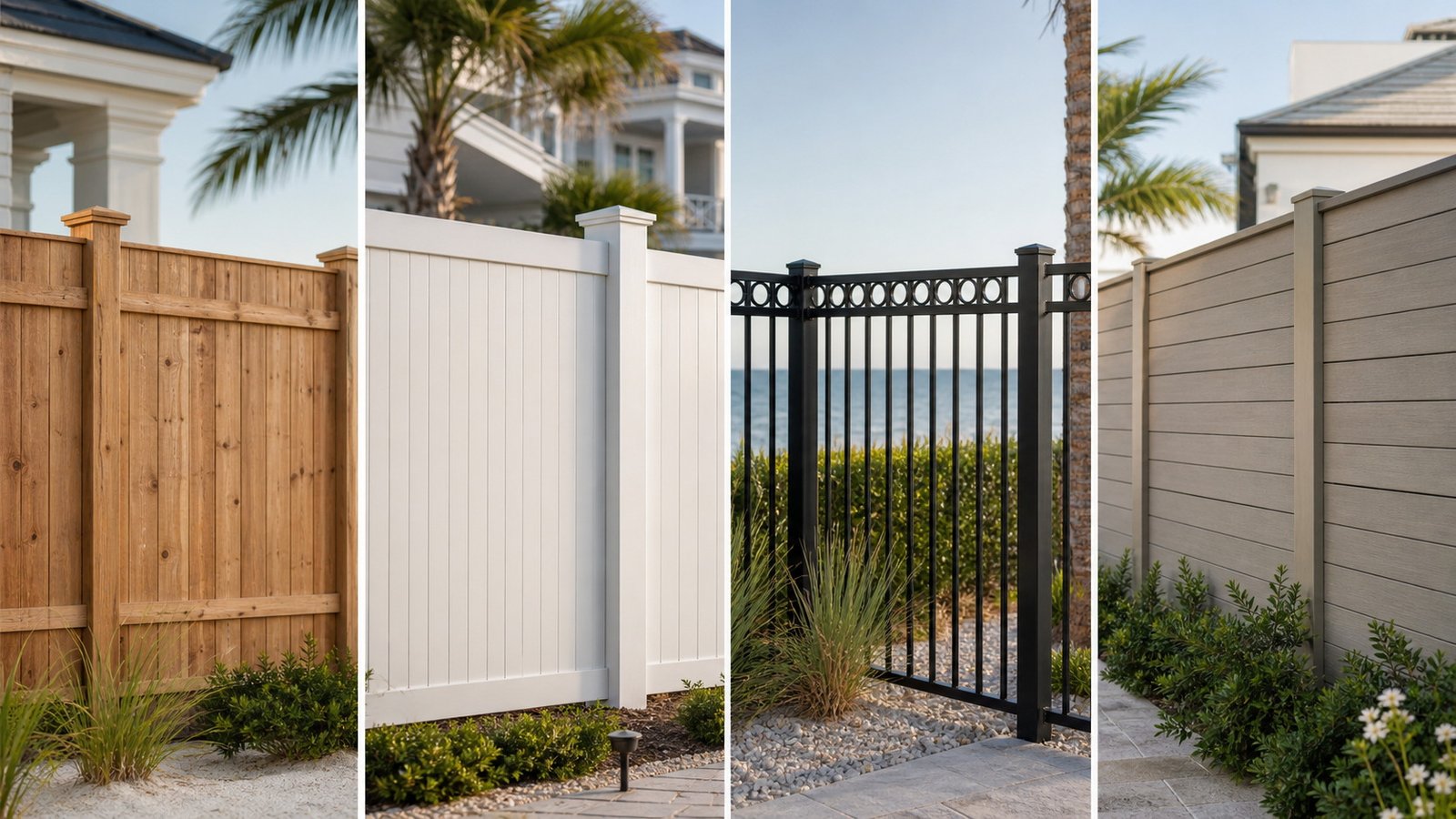 Fence material comparison visual for Gulf Coast wood, vinyl, aluminum, and composite options